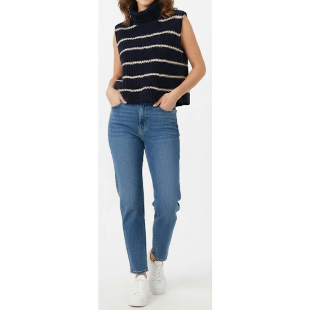 Sea Bleu womens large mockneck boxy 100% cashmere sweater city chic blue stripe